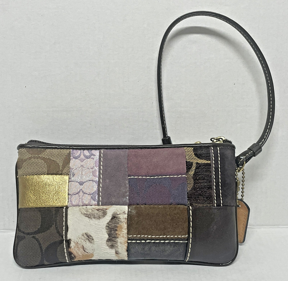 Coach Holiday Patchwork Wristlet Signature Leopard Multicolor Y2K Boho Zip Pouch
